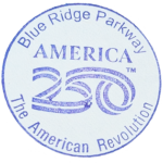 Circular purple inked stamp for Blue Ridge Parkway, America 250 branding