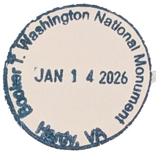 Circular cancellation stamp in blue ink for Booker T. Washington National Monument