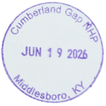Circular purple inked stamp for Cumberland Gap National Historical Park, Visitor Center