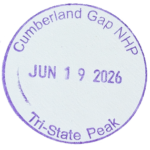 Circular purple inked stamp for Cumberland Gap National Historical Park, Tri-State Peak