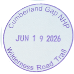 Circular purple inked stamp for Cumberland Gap National Historical Park, Wilderness Road Trail