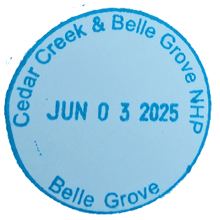 Blue circular inked stamp for Cedar Creek & Belle Grove National Historical Park