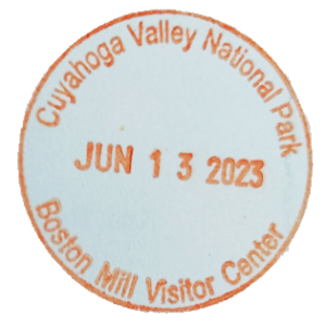 Circular orange ink stamp for Boston Mill Visitor Center at Cuyahoga Valley National Park