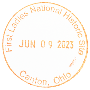 Orange circular ink stamp for First Ladies National Historic Site