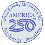 Circular purple inked stamp for Great Smoky Mountains National Park, America 250 branding