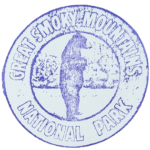 Circular purple inked stamp for Great Smoky Mountains National Park bear