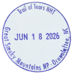 Circular purple inked stamp for Great Smoky Mountains National Park, Trail of Tears, Oconaluftee