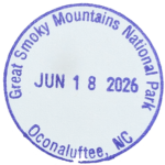 Circular purple inked stamp for Great Smoky Mountains National Park, Oconaluftee