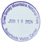 Circular purple inked stamp for Great Smoky Mountains National Park, Sugarlands Visitor Center