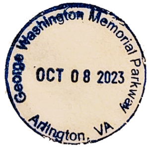 Circular blue ink stamp for George Washington Memorial Parkway