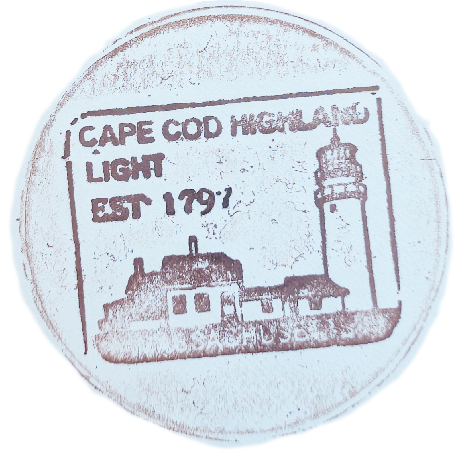 Rectangular brown inked stamp inside a circle for Cape Cod Highland Light Rectangular brown inked stamp inside a circle for Cape Cod Highland Light