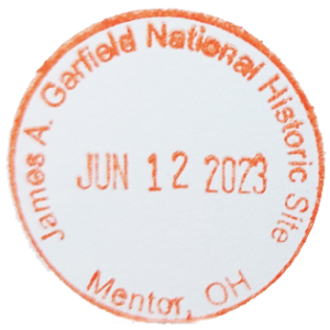 Orange circular stamp for James A. Garfield National Historic Site