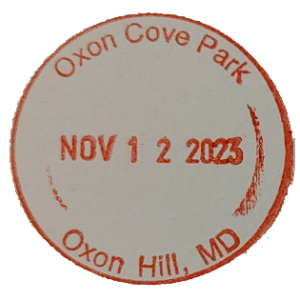 Circular red ink stamp for Oxon Cove Park and Oxon Hill Farm