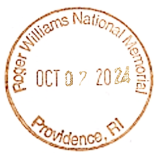 Golden colored circular stamp for Roger Williams National Memorial