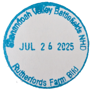 Blue circular inked stamp for Shenandoah Valley Battlefields National Historic District - Rutherfords Farm Battlefield