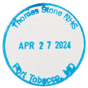 Circular blue inked stamp for Thomas Stone National Historic Site, Port Tobacco, MD