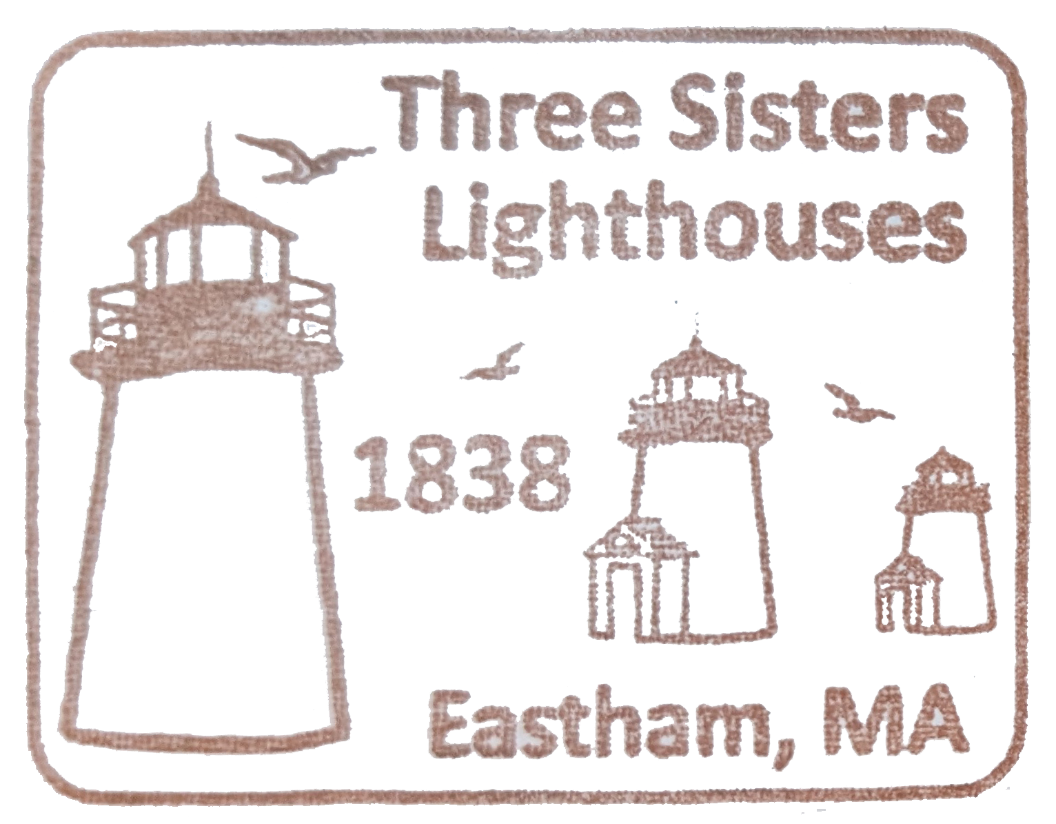 Rectangular brown inked stamp for the Three Sisters Lighthouses Rectangular brown inked stamp for the Three Sisters Lighthouses