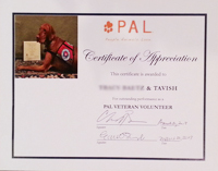 In March 2013, People.Animals.Love. (PAL) awarded Tavish with this certificate of appreciation for "outstanding performance as a PAL Veteran Volunteer."