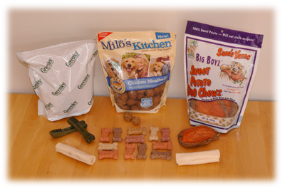 Greenies, Milo's Kitchen, Sam's Yams, Milk-Bones, Dentley's Rawhide Curls